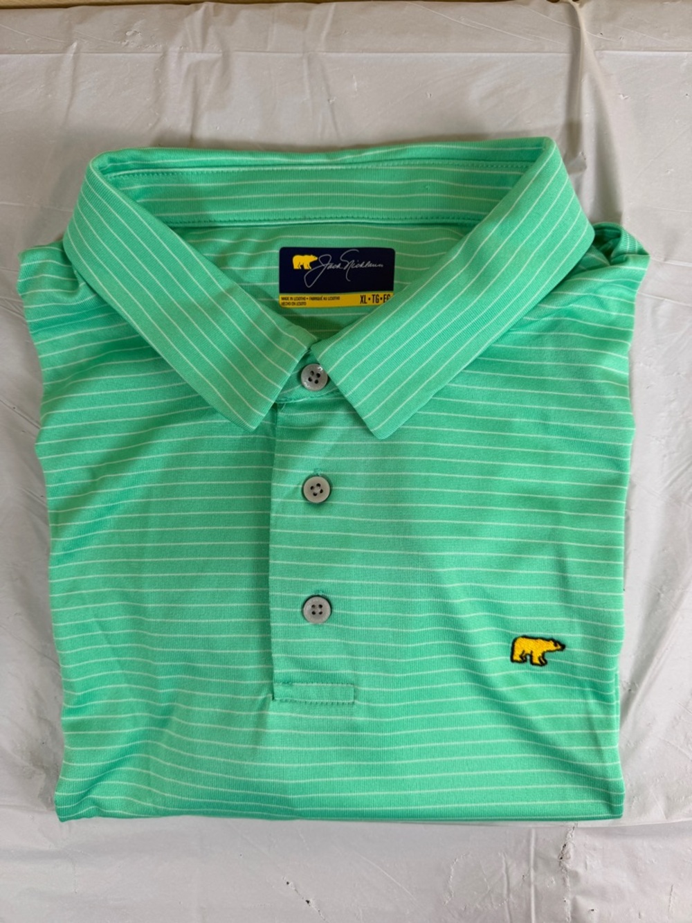 Jack Nicklaus Mint Green Striped Polo with Yellow Bear Logo